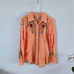Roper Embroidered Western Shirt Women’s L Orange Floral Boho Rodeo Shirt